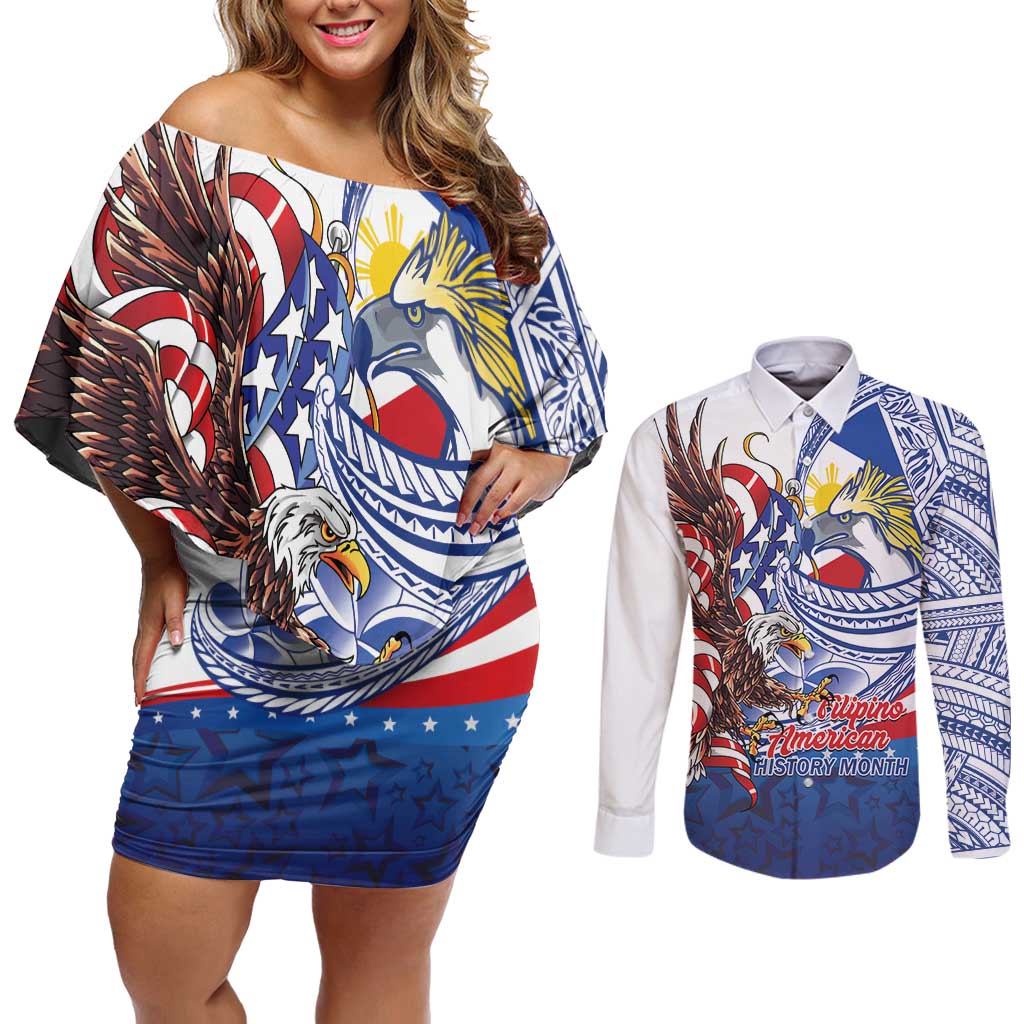 Filipino American History Month Couples Matching Off Shoulder Short Dress and Long Sleeve Button Shirt Philippines Agila USA Eagle Mix Flag LT14 Blue - Polynesian Pride
