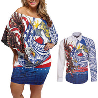 Filipino American History Month Couples Matching Off Shoulder Short Dress and Long Sleeve Button Shirt Philippines Agila USA Eagle Mix Flag LT14 Blue - Polynesian Pride
