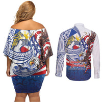 Filipino American History Month Couples Matching Off Shoulder Short Dress and Long Sleeve Button Shirt Philippines Agila USA Eagle Mix Flag LT14 - Polynesian Pride
