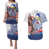 Filipino American History Month Couples Matching Puletasi and Hawaiian Shirt Philippines Agila USA Eagle Mix Flag LT14 Blue - Polynesian Pride