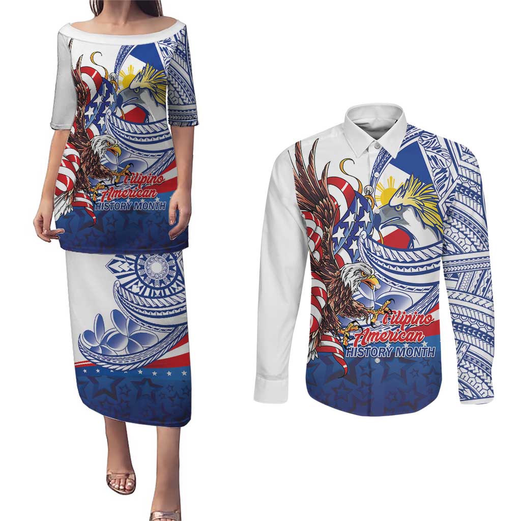 Filipino American History Month Couples Matching Puletasi and Long Sleeve Button Shirt Philippines Agila USA Eagle Mix Flag LT14 Blue - Polynesian Pride