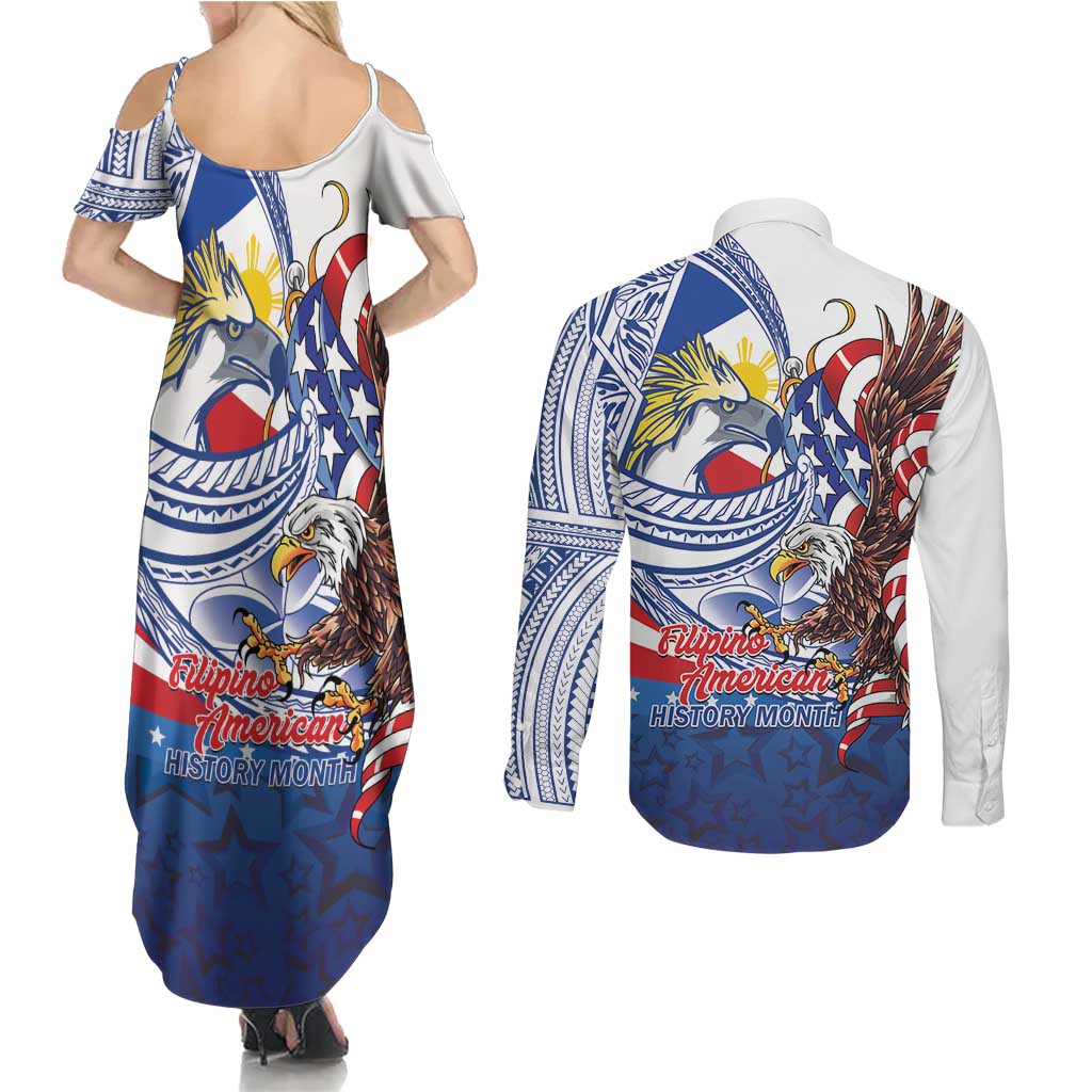 Filipino American History Month Couples Matching Summer Maxi Dress and Long Sleeve Button Shirt Philippines Agila USA Eagle Mix Flag LT14 - Polynesian Pride