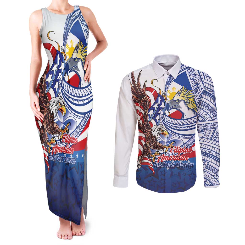 Filipino American History Month Couples Matching Tank Maxi Dress and Long Sleeve Button Shirt Philippines Agila USA Eagle Mix Flag LT14 Blue - Polynesian Pride