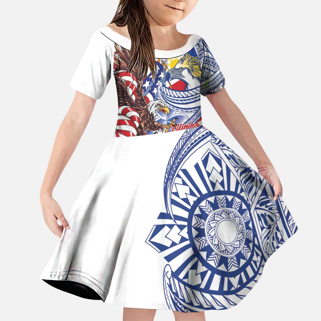 Filipino American History Month Family Matching Off Shoulder Maxi Dress and Hawaiian Shirt Philippines Agila USA Eagle Mix Flag LT14 Daughter's Dress Blue - Polynesian Pride