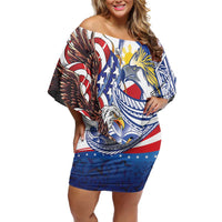 Filipino American History Month Family Matching Off Shoulder Short Dress and Hawaiian Shirt Philippines Agila USA Eagle Mix Flag LT14 Mom's Dress Blue - Polynesian Pride