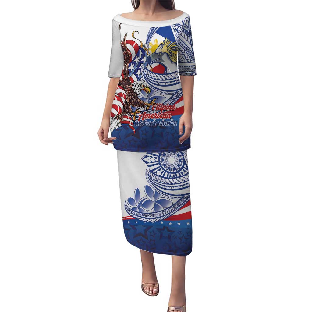 Filipino American History Month Family Matching Puletasi and Hawaiian Shirt Philippines Agila USA Eagle Mix Flag LT14 Mom's Dress Blue - Polynesian Pride