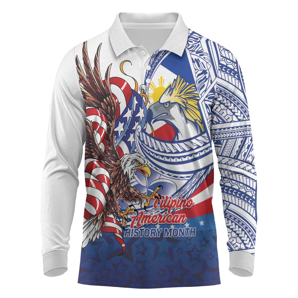 Filipino American History Month Long Sleeve Polo Shirt Philippines Agila USA Eagle Mix Flag LT14 Blue - Polynesian Pride