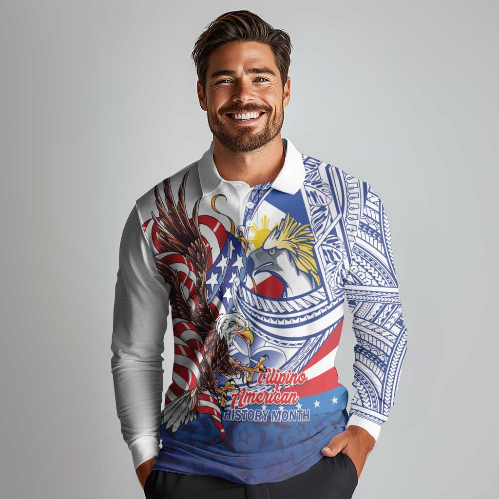 Filipino American History Month Long Sleeve Polo Shirt Philippines Agila USA Eagle Mix Flag LT14 - Polynesian Pride