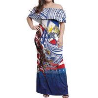 Filipino American History Month Off Shoulder Maxi Dress Philippines Agila USA Eagle Mix Flag