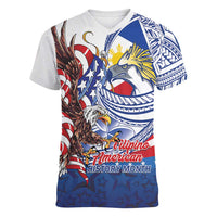 Filipino American History Month Women V-Neck T-Shirt Philippines Agila USA Eagle Mix Flag LT14 Female Blue - Polynesian Pride