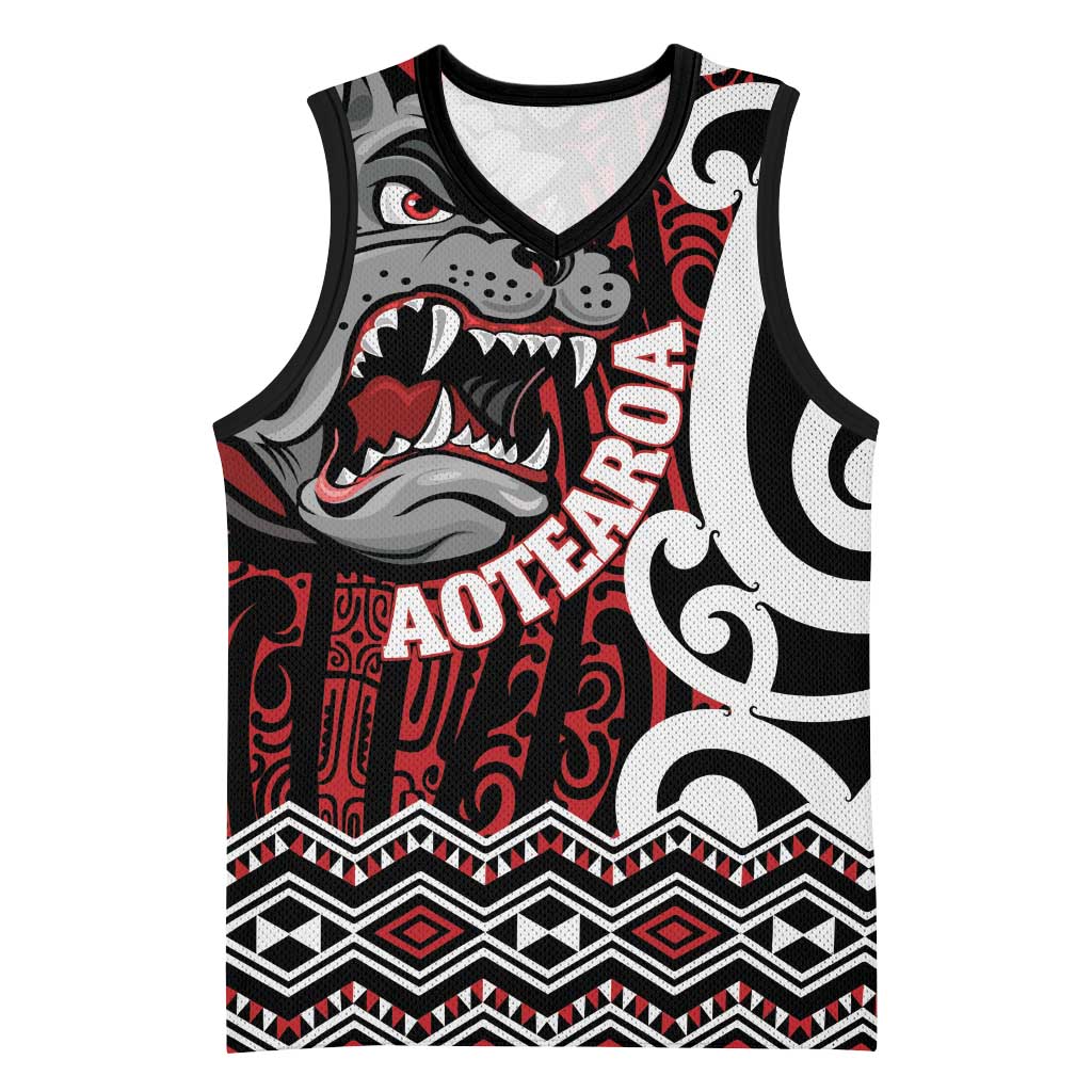 Personalised Aotearoa Bulldog Basketball Jersey New Zealand Maori Taniko Art LT14 Unisex Red - Polynesian Pride