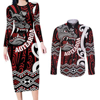Personalised Aotearoa Bulldog Couples Matching Long Sleeve Bodycon Dress and Long Sleeve Button Shirt New Zealand Maori Taniko Art LT14 Red - Polynesian Pride