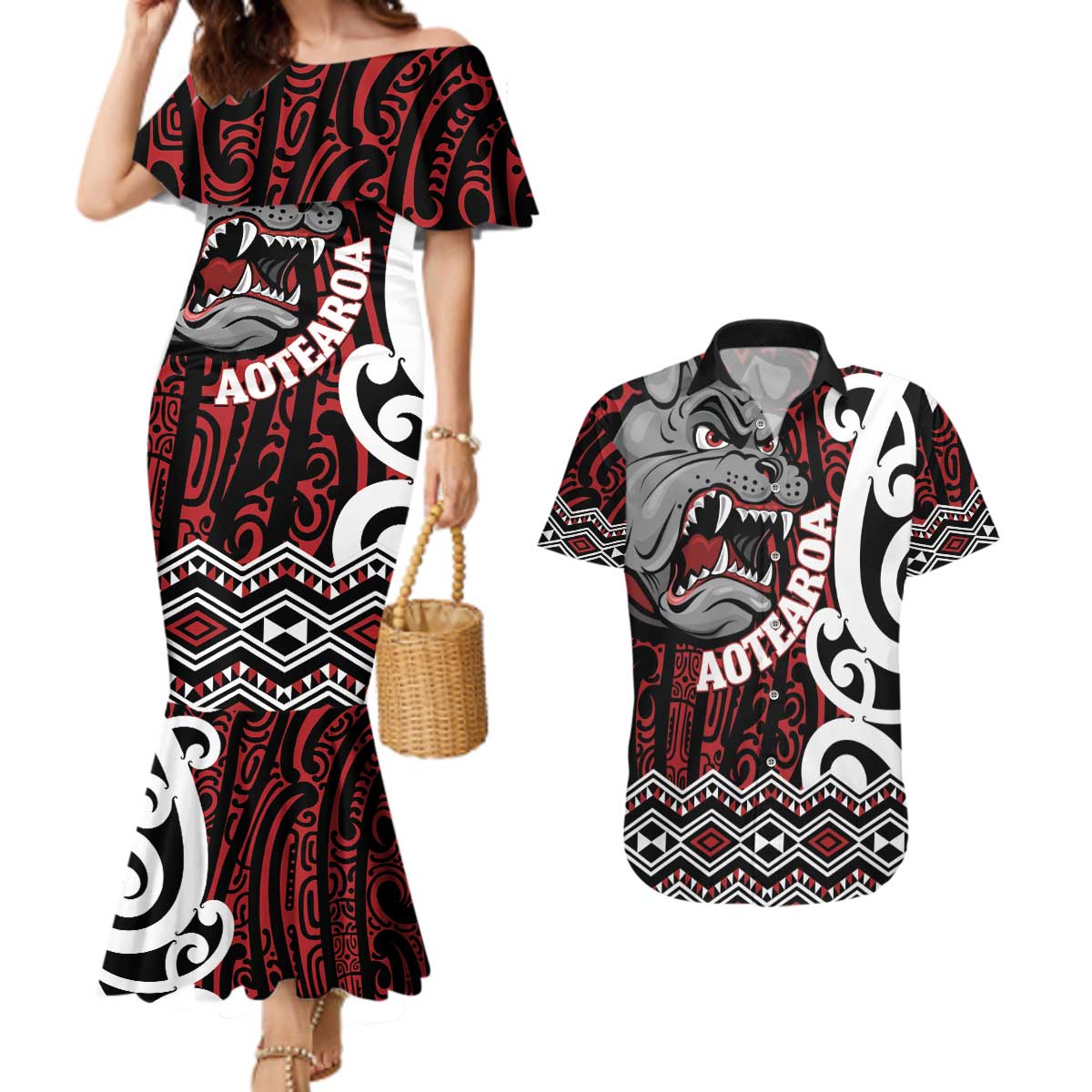 Personalised Aotearoa Bulldog Couples Matching Mermaid Dress and Hawaiian Shirt New Zealand Maori Taniko Art LT14 Red - Polynesian Pride