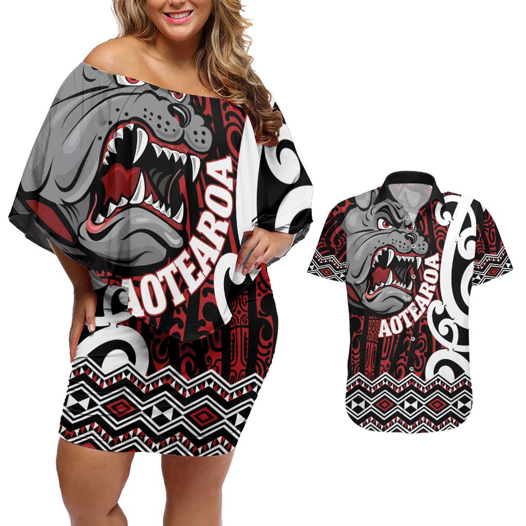 Personalised Aotearoa Bulldog Couples Matching Off Shoulder Short Dress and Hawaiian Shirt New Zealand Maori Taniko Art LT14 Red - Polynesian Pride