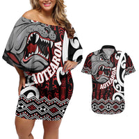 Personalised Aotearoa Bulldog Couples Matching Off Shoulder Short Dress and Hawaiian Shirt New Zealand Maori Taniko Art LT14 Red - Polynesian Pride
