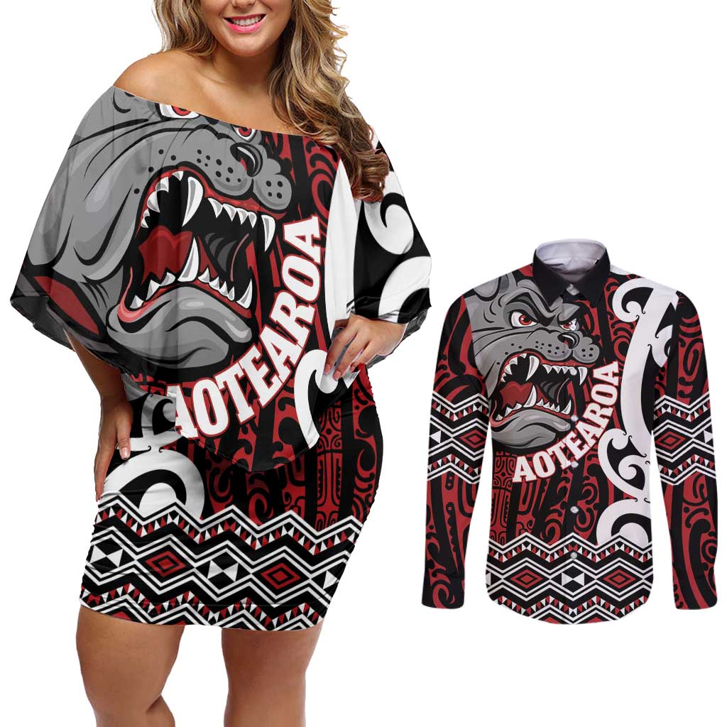 Personalised Aotearoa Bulldog Couples Matching Off Shoulder Short Dress and Long Sleeve Button Shirt New Zealand Maori Taniko Art LT14 Red - Polynesian Pride