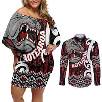 Personalised Aotearoa Bulldog Couples Matching Off Shoulder Short Dress and Long Sleeve Button Shirt New Zealand Maori Taniko Art LT14 Red - Polynesian Pride