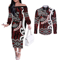 Personalised Aotearoa Bulldog Couples Matching Off The Shoulder Long Sleeve Dress and Long Sleeve Button Shirt New Zealand Maori Taniko Art LT14 Red - Polynesian Pride