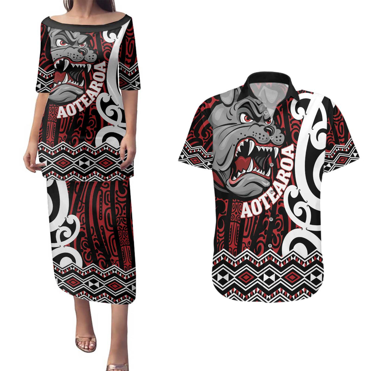 Personalised Aotearoa Bulldog Couples Matching Puletasi and Hawaiian Shirt New Zealand Maori Taniko Art LT14 Red - Polynesian Pride