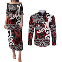 Personalised Aotearoa Bulldog Couples Matching Puletasi and Long Sleeve Button Shirt New Zealand Maori Taniko Art LT14 Red - Polynesian Pride