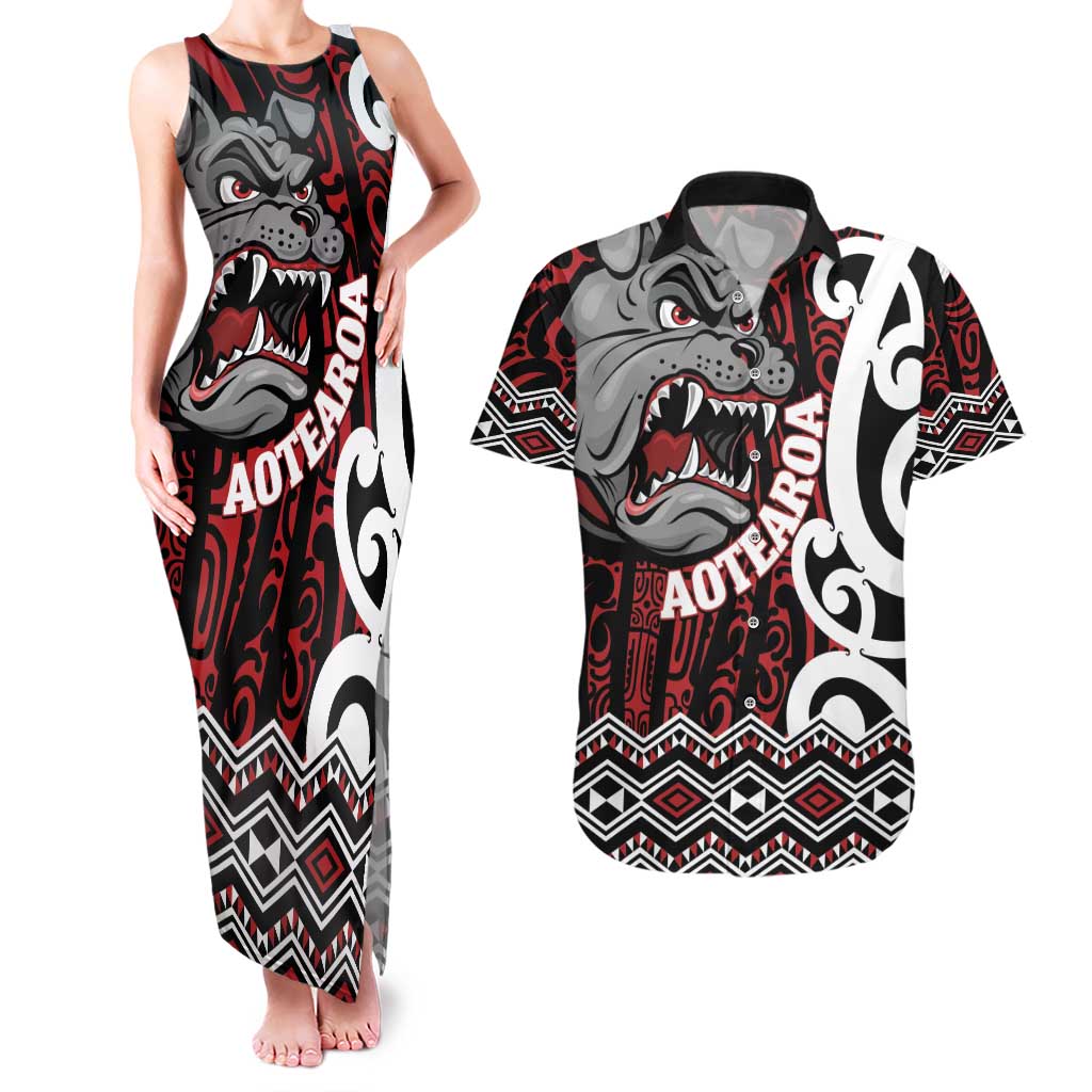 Personalised Aotearoa Bulldog Couples Matching Tank Maxi Dress and Hawaiian Shirt New Zealand Maori Taniko Art LT14 Red - Polynesian Pride