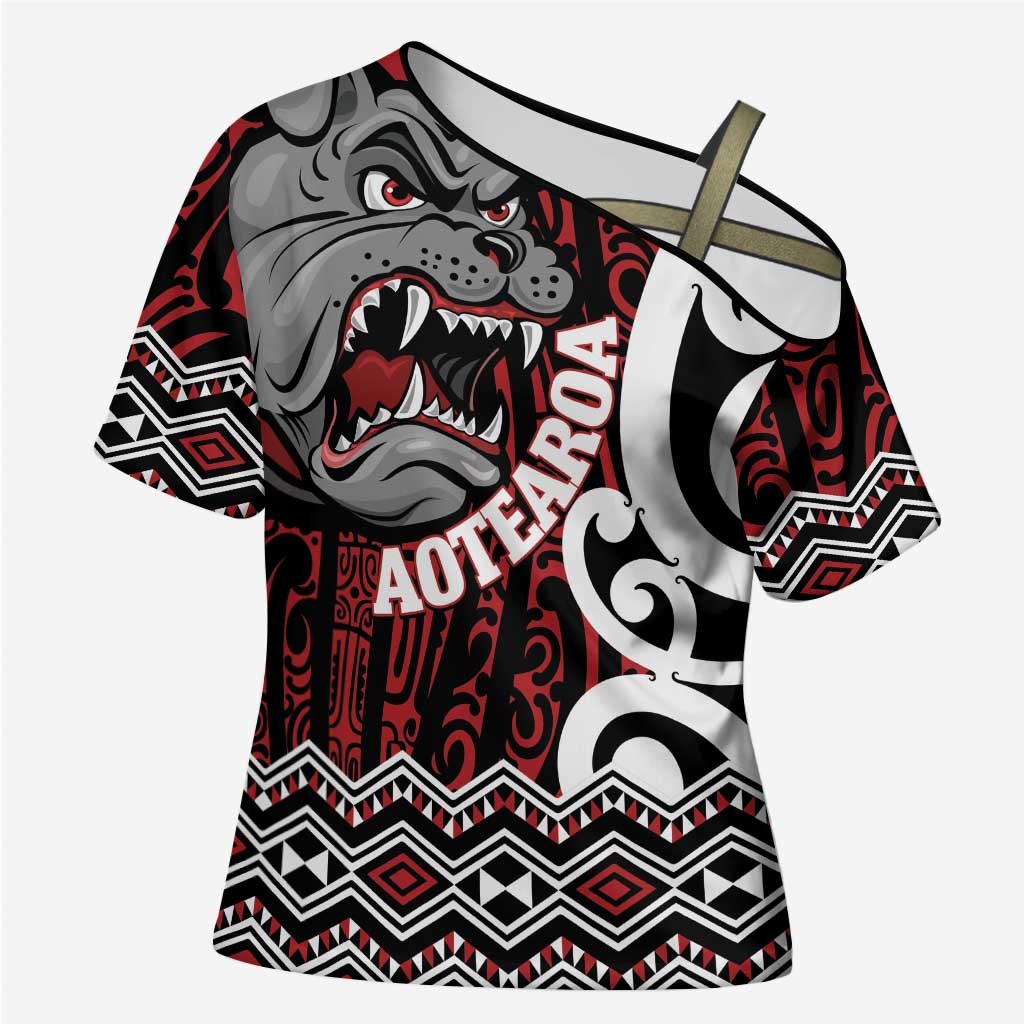 Personalised Aotearoa Bulldog Cross Shoulder Shirt New Zealand Maori Taniko Art LT14 Female Red - Polynesian Pride