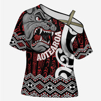 Personalised Aotearoa Bulldog Cross Shoulder Shirt New Zealand Maori Taniko Art LT14 Female Red - Polynesian Pride
