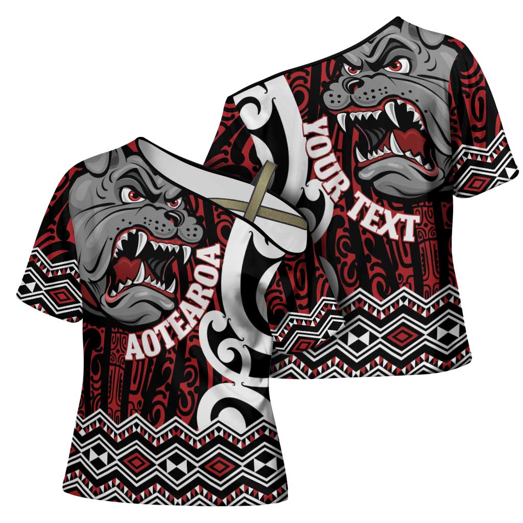 Personalised Aotearoa Bulldog Cross Shoulder Shirt New Zealand Maori Taniko Art LT14 - Polynesian Pride