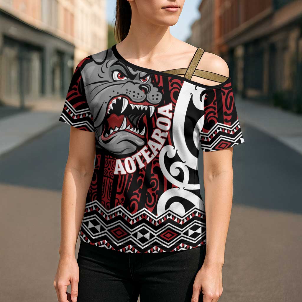Personalised Aotearoa Bulldog Cross Shoulder Shirt New Zealand Maori Taniko Art LT14 - Polynesian Pride