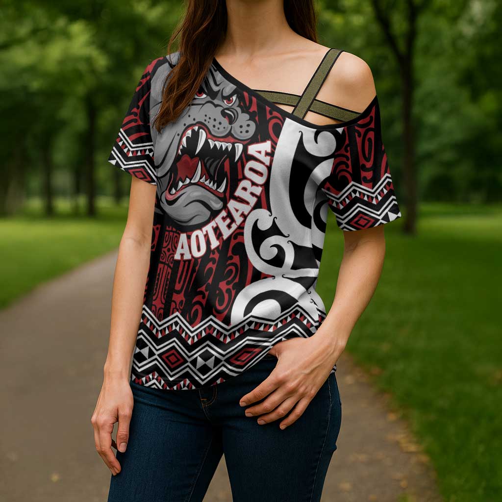 Personalised Aotearoa Bulldog Cross Shoulder Shirt New Zealand Maori Taniko Art LT14 - Polynesian Pride