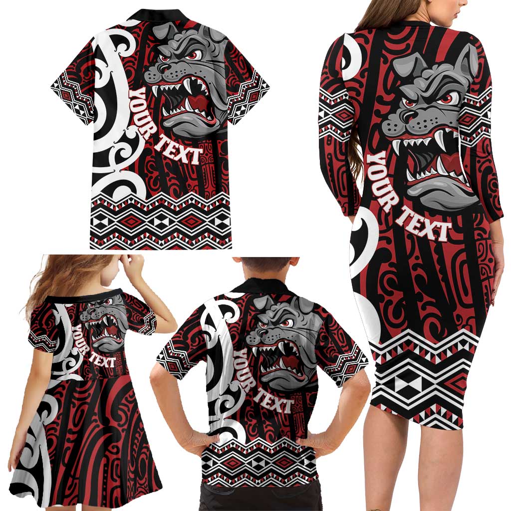 Personalised Aotearoa Bulldog Family Matching Long Sleeve Bodycon Dress and Hawaiian Shirt New Zealand Maori Taniko Art LT14 - Polynesian Pride