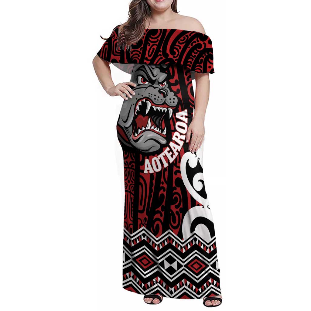 Personalised Aotearoa Bulldog Family Matching Off Shoulder Maxi Dress and Hawaiian Shirt New Zealand Maori Taniko Art LT14 Mom's Dress Red - Polynesian Pride
