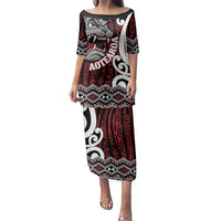 Personalised Aotearoa Bulldog Family Matching Puletasi and Hawaiian Shirt New Zealand Maori Taniko Art LT14 Mom's Dress Red - Polynesian Pride