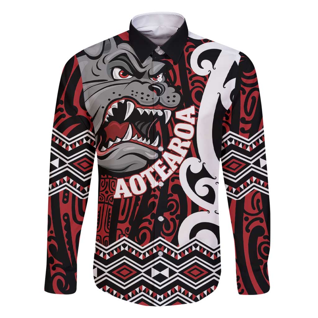 Personalised Aotearoa Bulldog Family Matching Short Sleeve Bodycon Dress and Hawaiian Shirt New Zealand Maori Taniko Art LT14 Dad's Shirt - Long Sleeve Red - Polynesian Pride