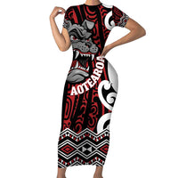 Personalised Aotearoa Bulldog Family Matching Short Sleeve Bodycon Dress and Hawaiian Shirt New Zealand Maori Taniko Art LT14 Mom's Dress Red - Polynesian Pride