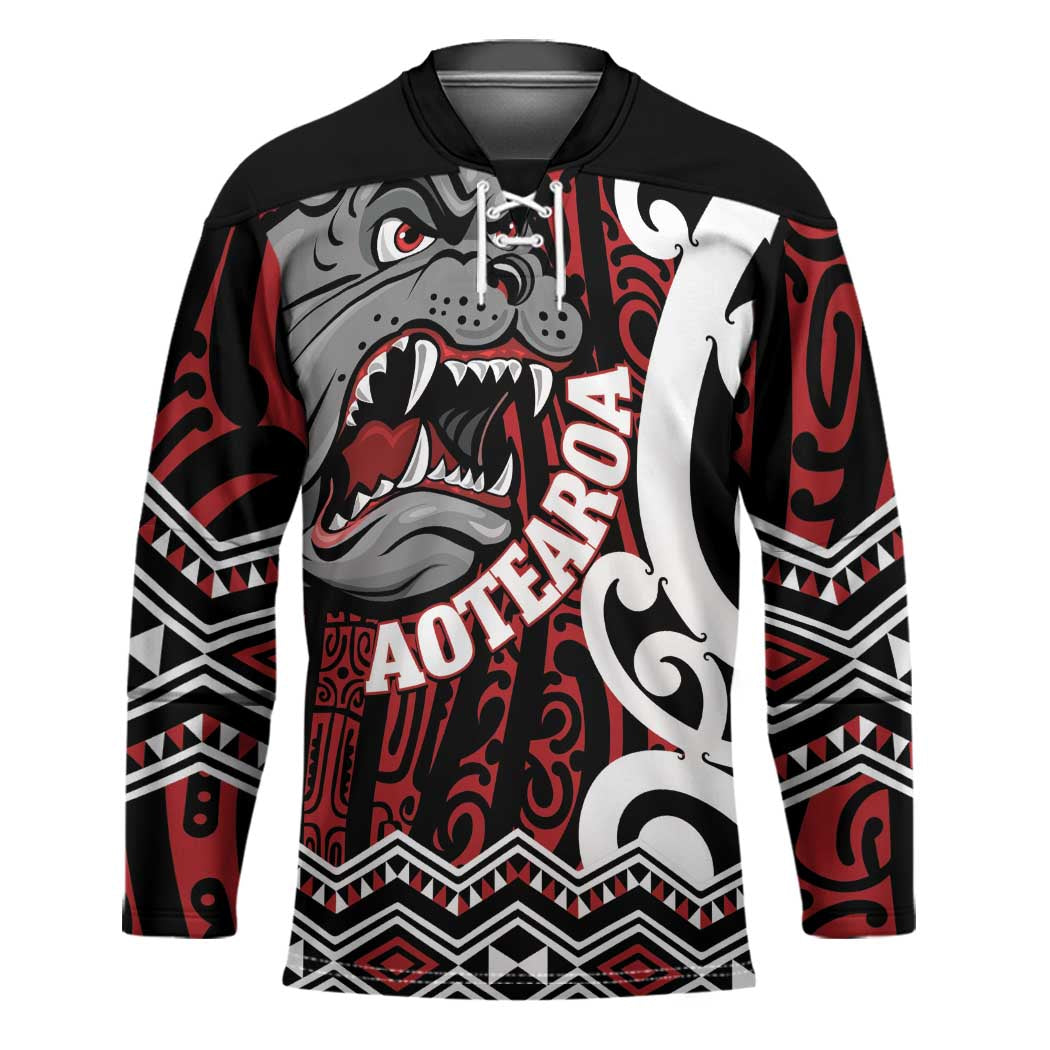 Personalised Aotearoa Bulldog Hockey Jersey New Zealand Maori Taniko Art LT14 Unisex Red - Polynesian Pride