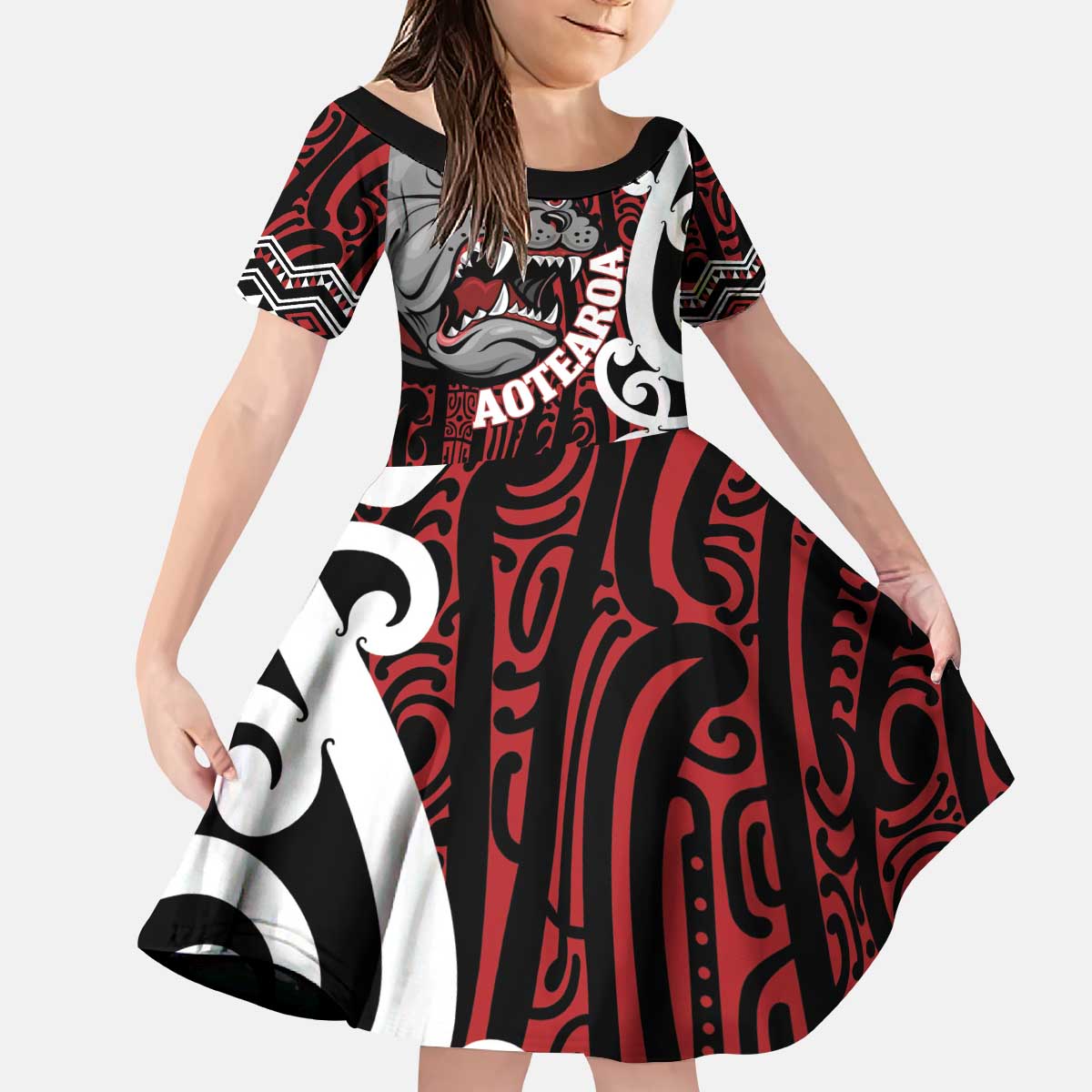 Personalised Aotearoa Bulldog Kid Short Sleeve Dress New Zealand Maori Taniko Art LT14 KID Red - Polynesian Pride