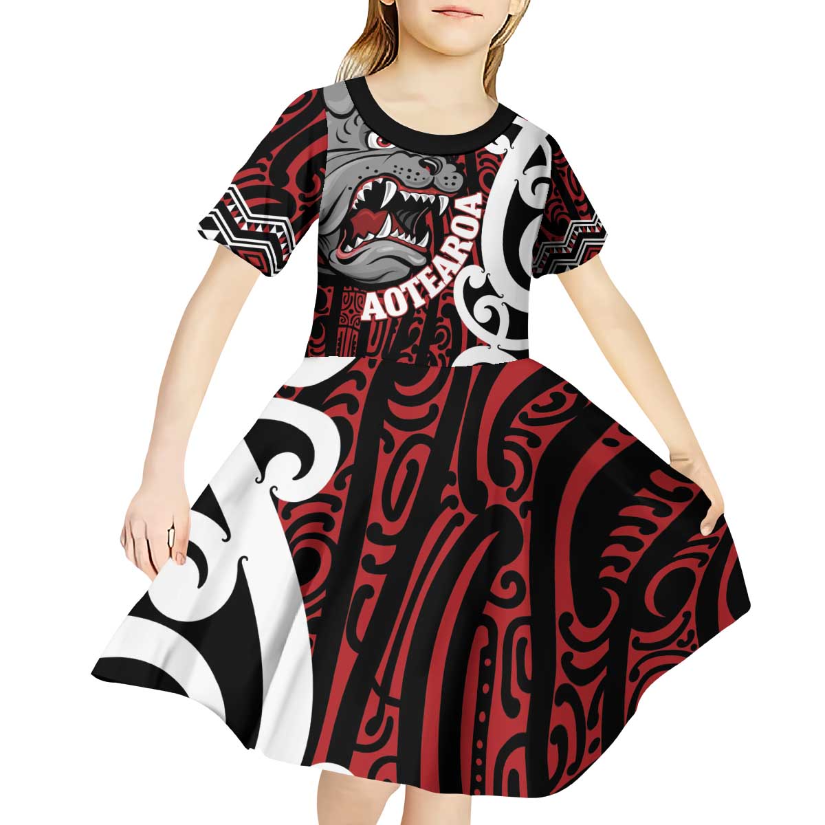 Personalised Aotearoa Bulldog Kid Short Sleeve Dress New Zealand Maori Taniko Art LT14 - Polynesian Pride