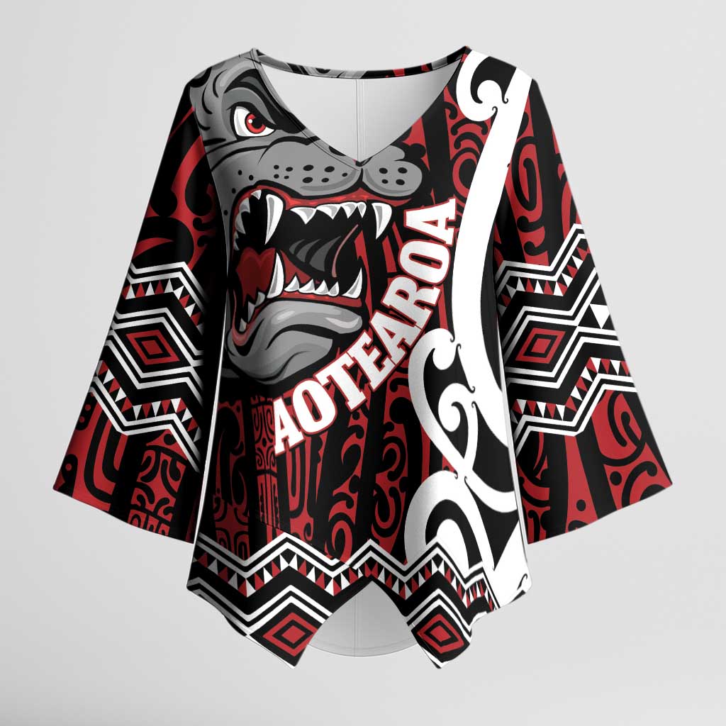Personalised Aotearoa Bulldog Kimono Sleeve Blouse New Zealand Maori Taniko Art LT14 Female Red - Polynesian Pride
