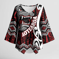Personalised Aotearoa Bulldog Kimono Sleeve Blouse New Zealand Maori Taniko Art LT14 Female Red - Polynesian Pride