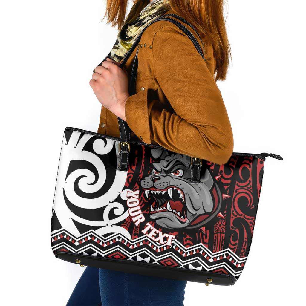 Personalised Aotearoa Bulldog Leather Tote Bag New Zealand Maori Taniko Art LT14 Red - Polynesian Pride