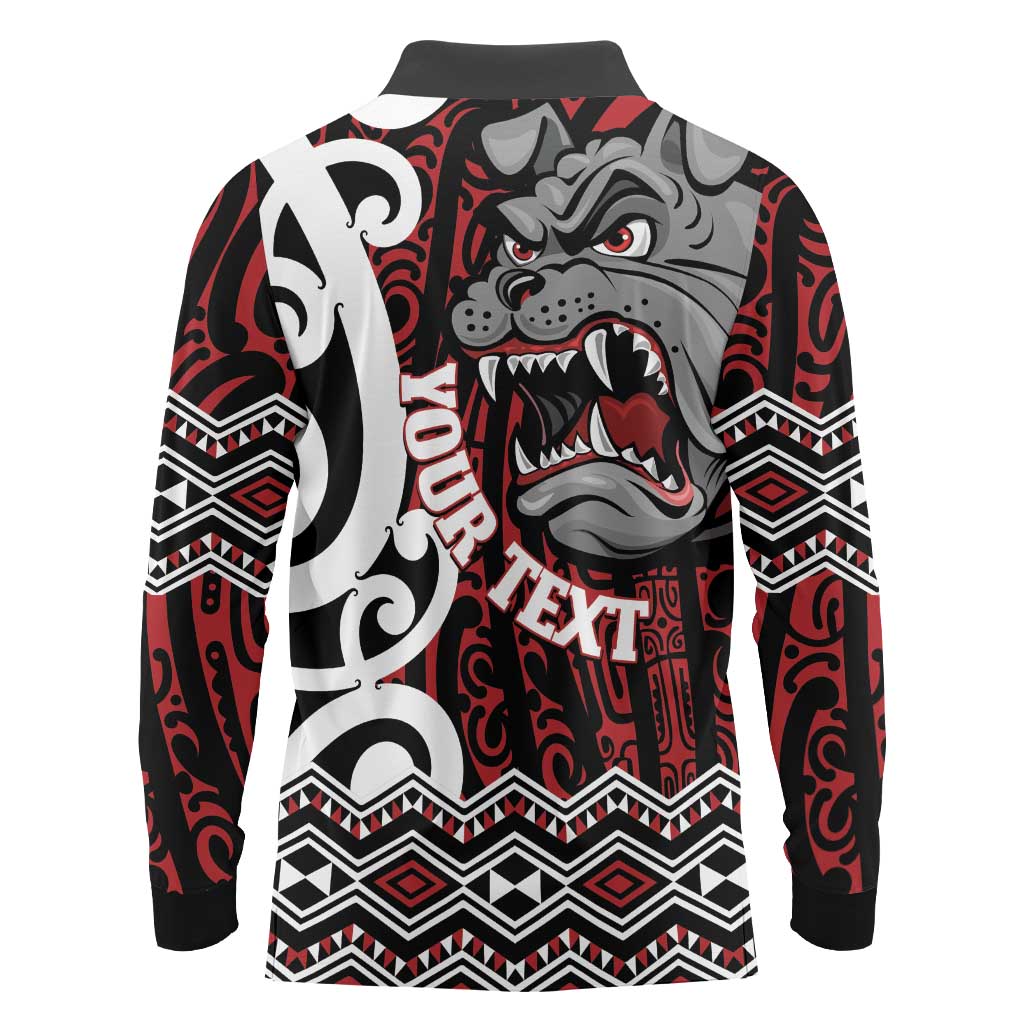 Personalised Aotearoa Bulldog Long Sleeve Polo Shirt New Zealand Maori Taniko Art LT14 - Polynesian Pride