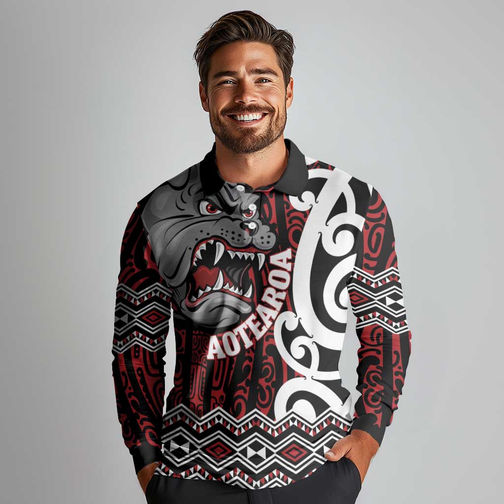 Personalised Aotearoa Bulldog Long Sleeve Polo Shirt New Zealand Maori Taniko Art LT14 - Polynesian Pride