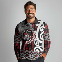 Personalised Aotearoa Bulldog Long Sleeve Polo Shirt New Zealand Maori Taniko Art LT14 - Polynesian Pride