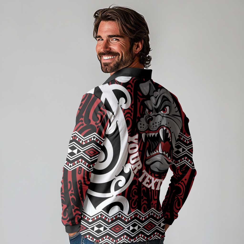 Personalised Aotearoa Bulldog Long Sleeve Polo Shirt New Zealand Maori Taniko Art LT14 - Polynesian Pride