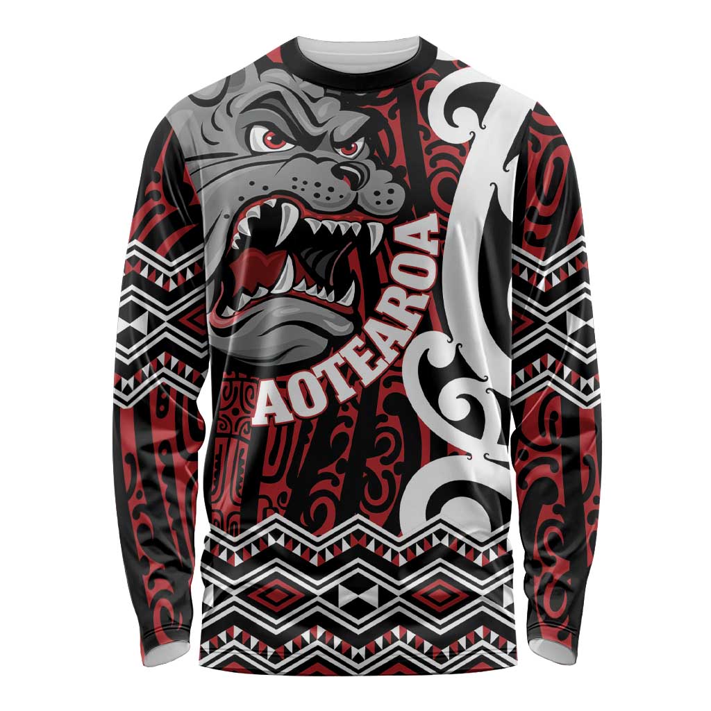 Personalised Aotearoa Bulldog Long Sleeve Shirt New Zealand Maori Taniko Art LT14 Unisex Red - Polynesian Pride