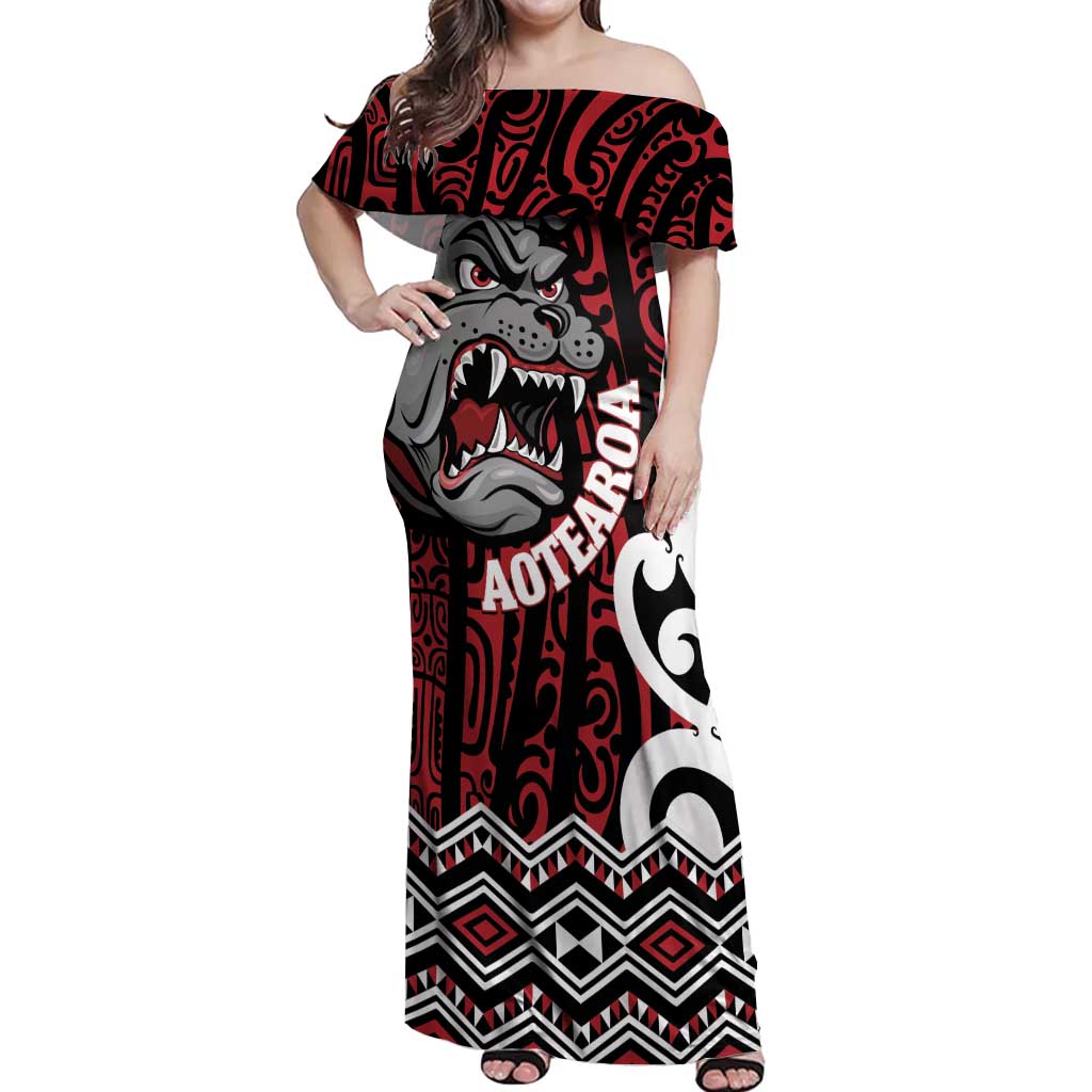 Personalised Aotearoa Bulldog Off Shoulder Maxi Dress New Zealand Maori Taniko Art LT14 Women Red - Polynesian Pride