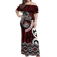Personalised Aotearoa Bulldog Off Shoulder Maxi Dress New Zealand Maori Taniko Art LT14 Women Red - Polynesian Pride