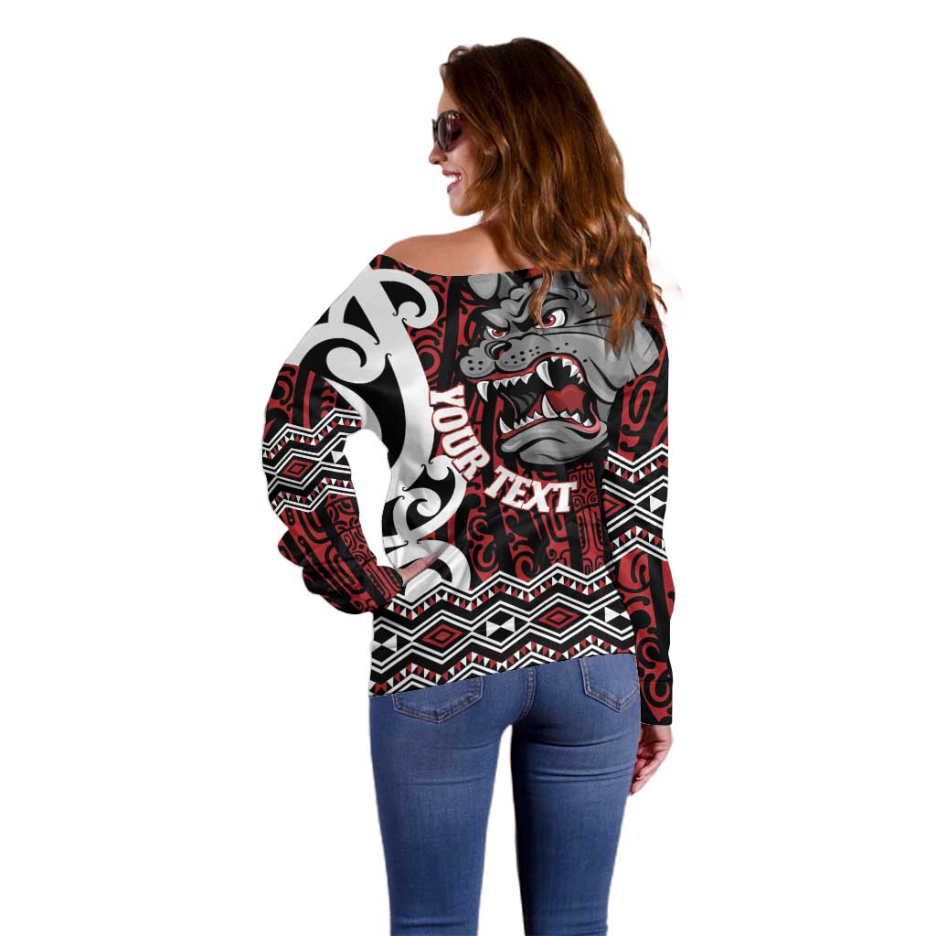 Personalised Aotearoa Bulldog Off Shoulder Sweater New Zealand Maori Taniko Art LT14 - Polynesian Pride