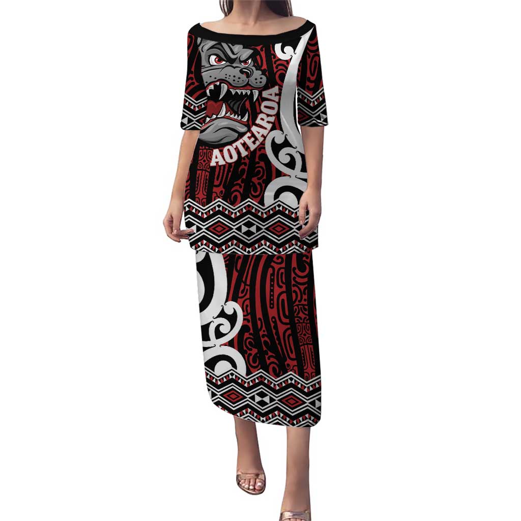 Personalised Aotearoa Bulldog Puletasi New Zealand Maori Taniko Art LT14 Long Dress Red - Polynesian Pride